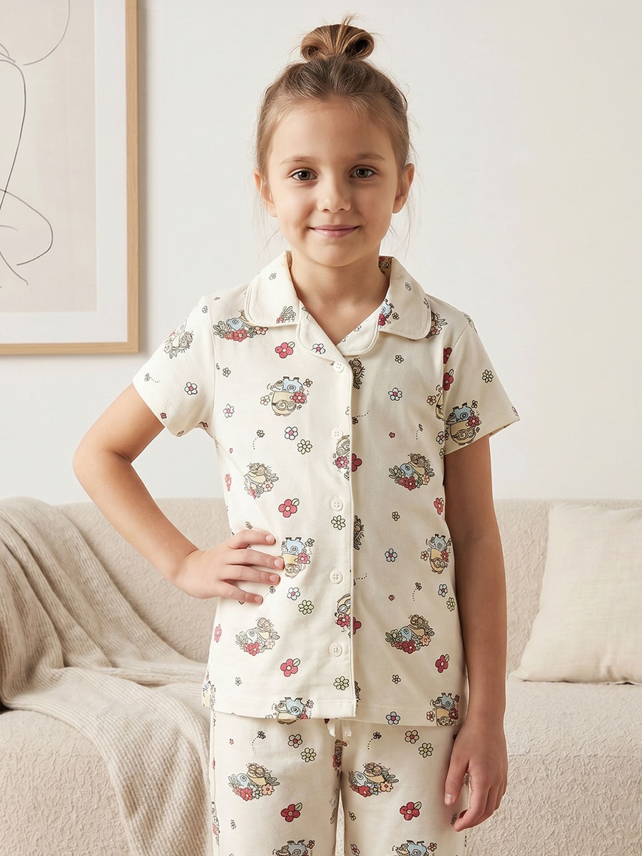 Cotton Collared Short Sleeves Pyjama Set with Minions Print