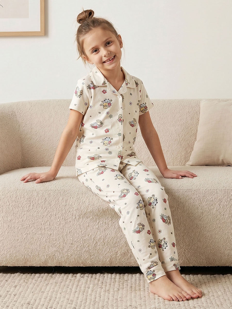 Cotton Collared Short Sleeves Pyjama Set with Minions Print