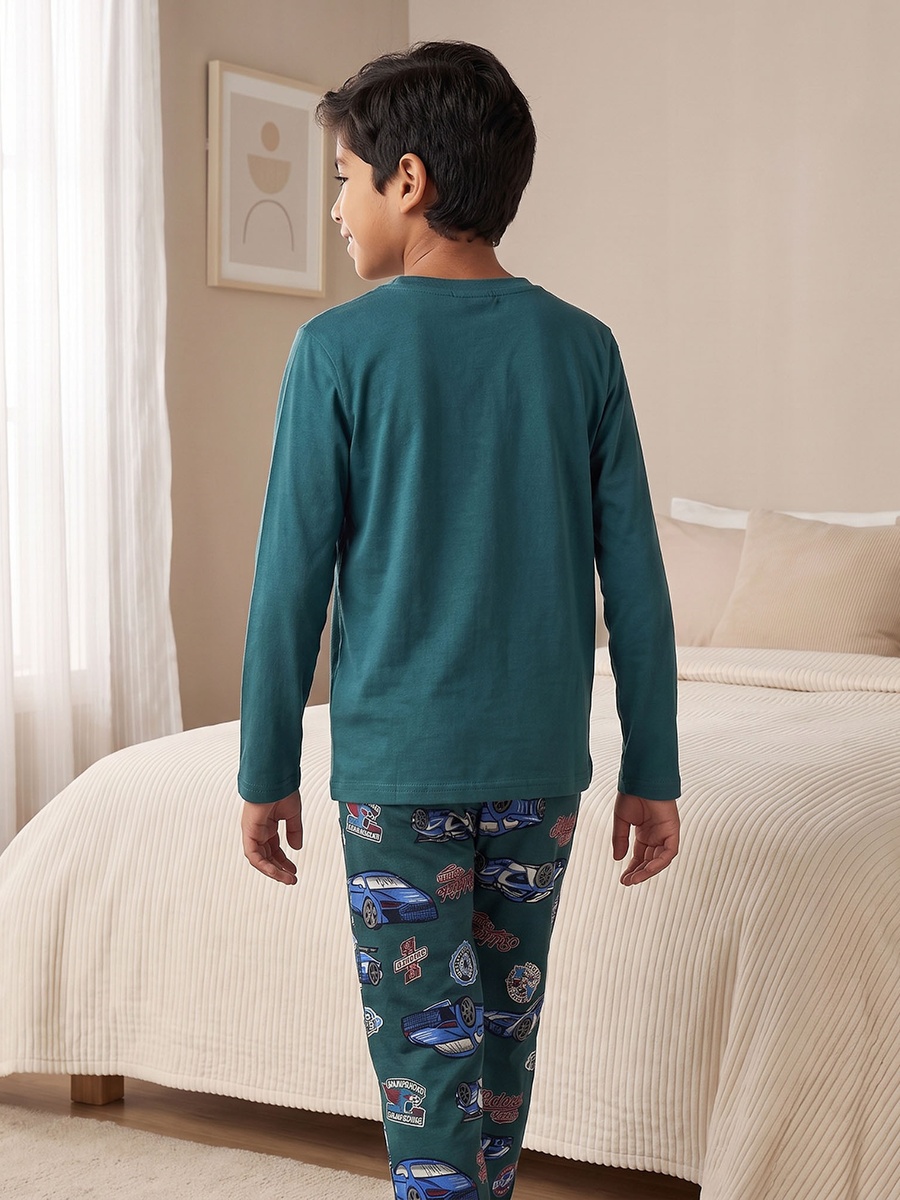Cotton Crew Neck Long Sleeves Pyjama Set with Racing Print