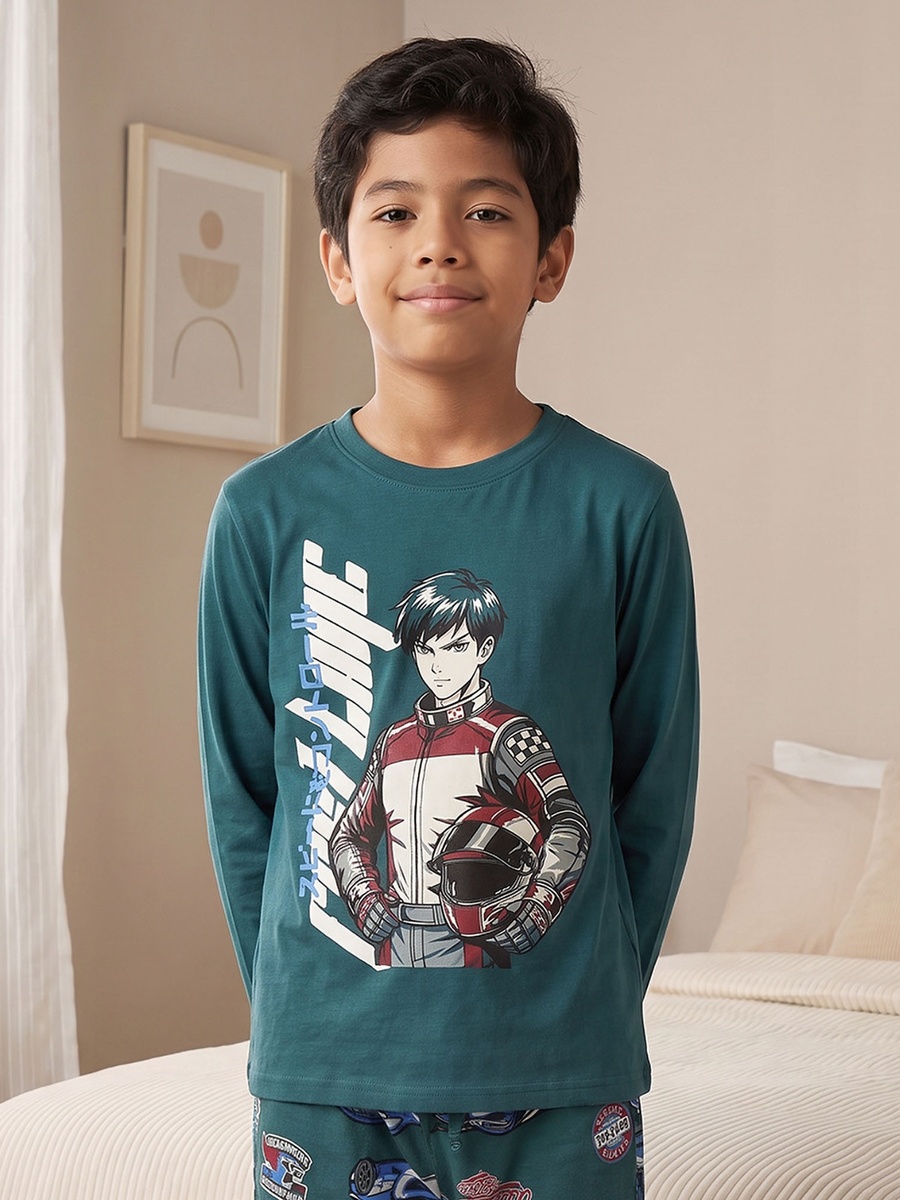 Cotton Crew Neck Long Sleeves Pyjama Set with Racing Print