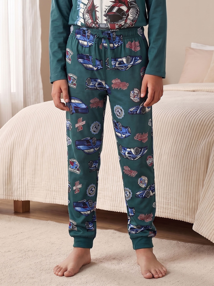 Cotton Crew Neck Long Sleeves Pyjama Set with Racing Print