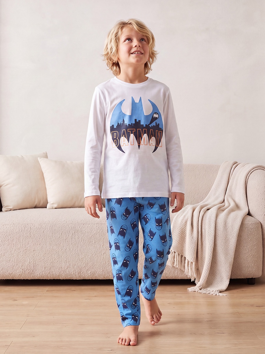 Cotton Crew Neck Long Sleeves Pyjama Set with Batman Print
