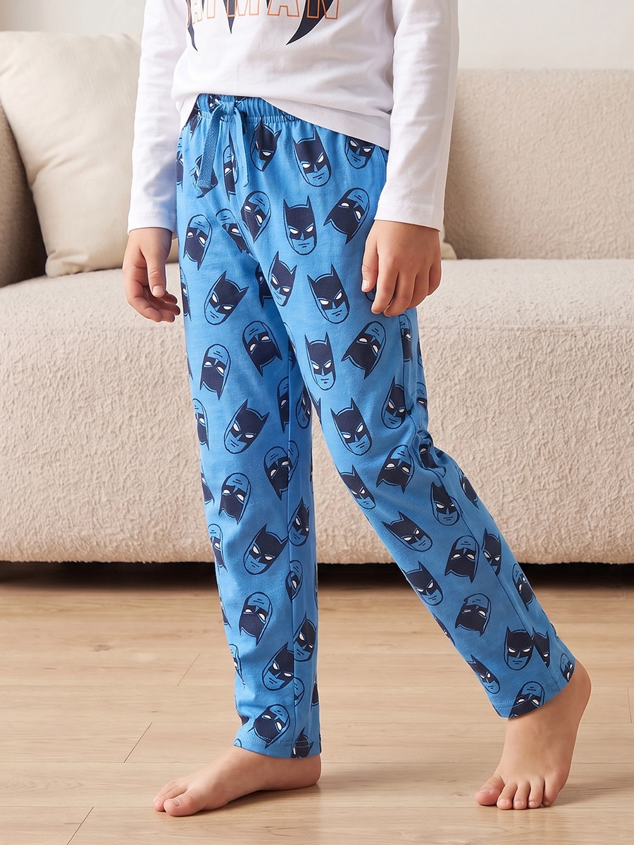 Cotton Crew Neck Long Sleeves Pyjama Set with Batman Print