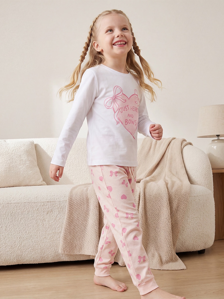 Cotton Crew Neck Long Sleeves Pyjama Set with Bow Print