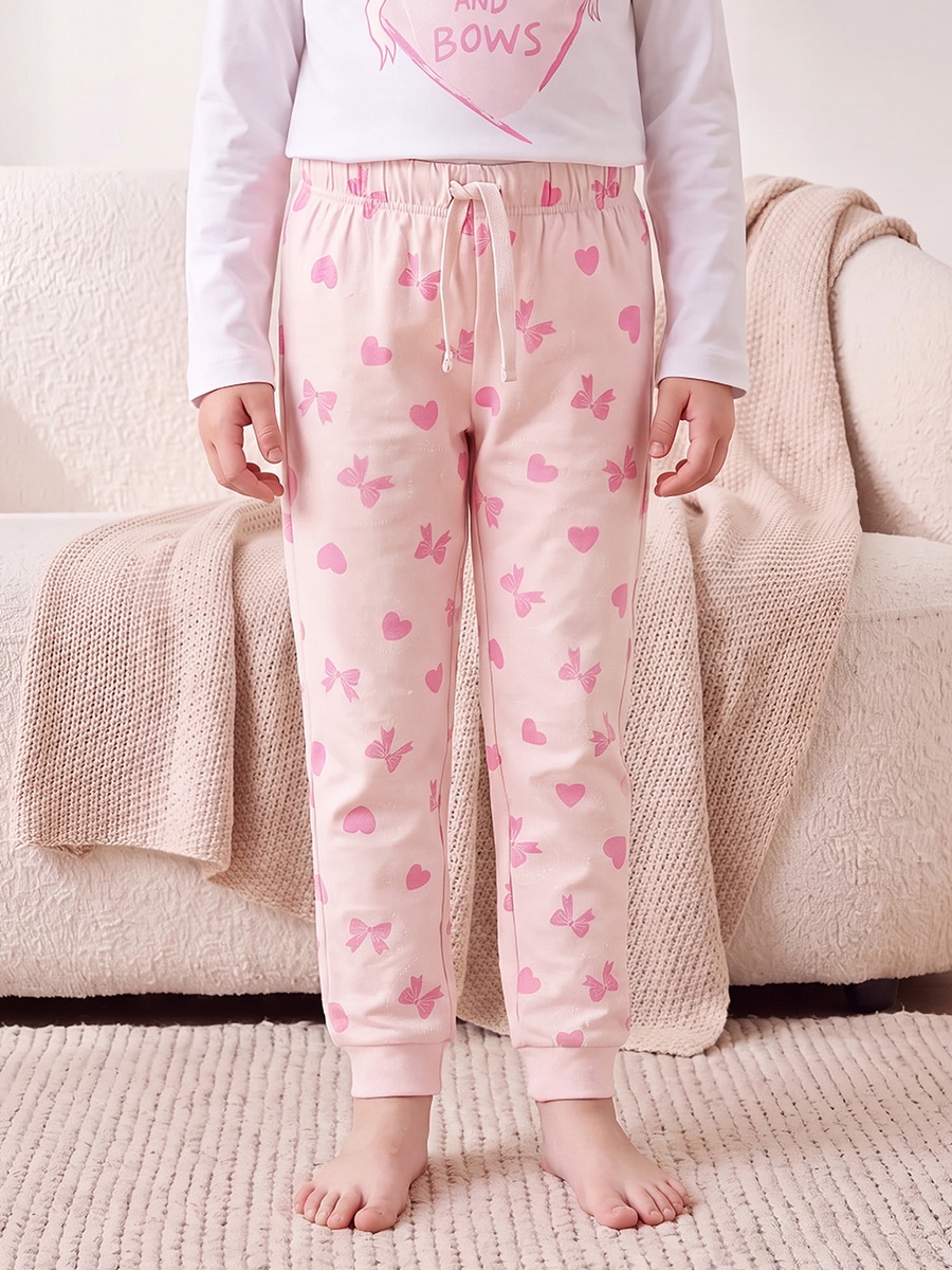 Cotton Crew Neck Long Sleeves Pyjama Set with Bow Print