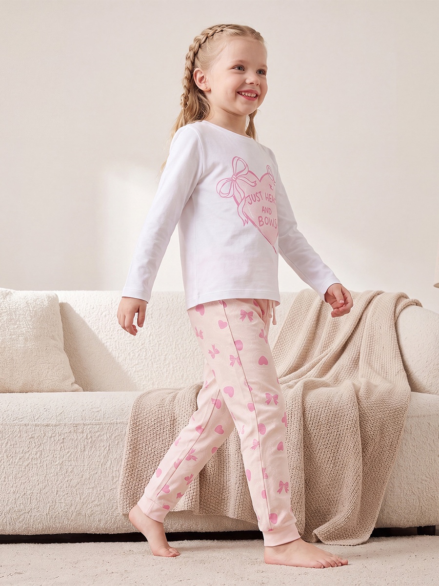 Cotton Crew Neck Long Sleeves Pyjama Set with Bow Print