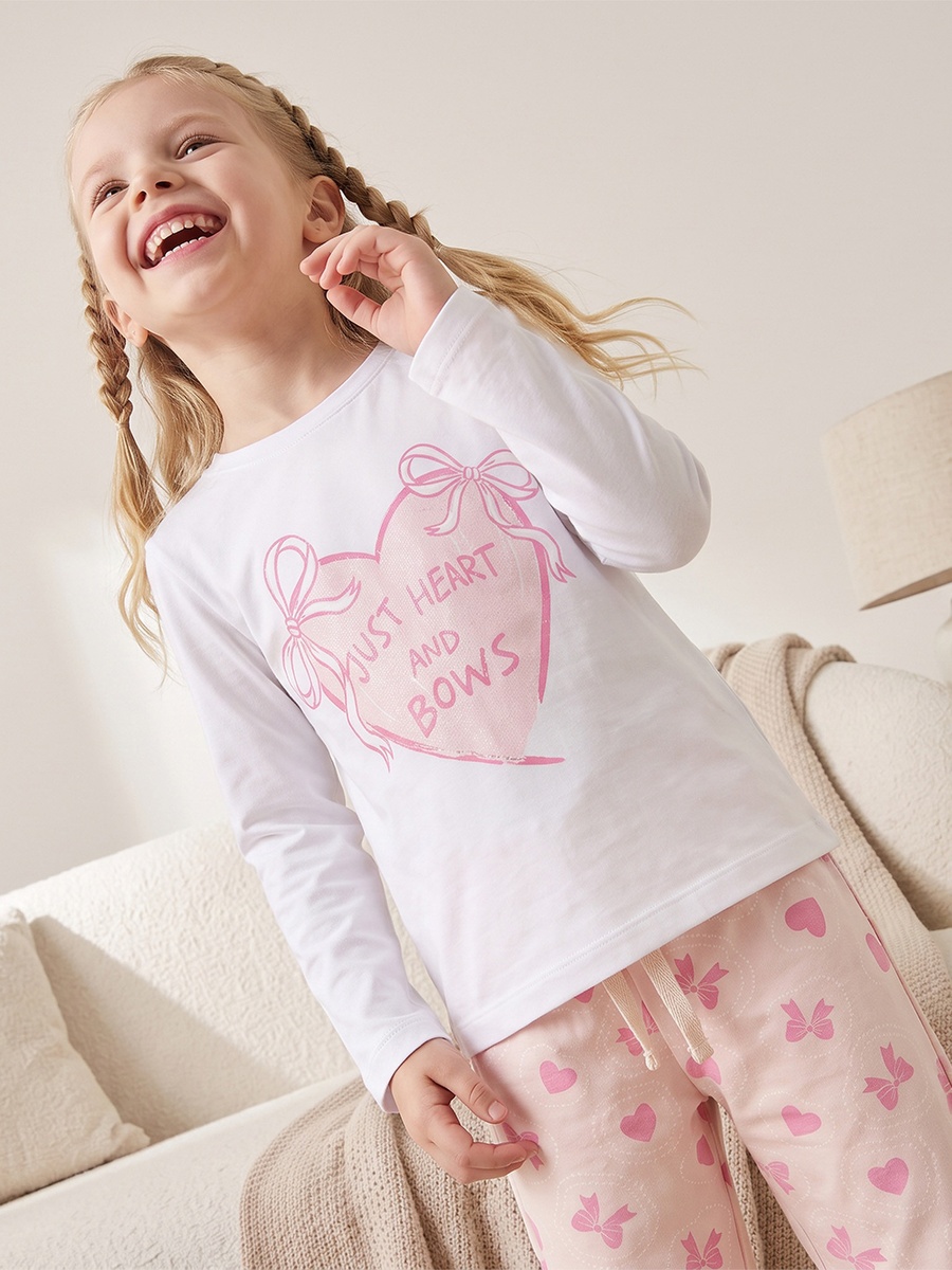 Cotton Crew Neck Long Sleeves Pyjama Set with Bow Print