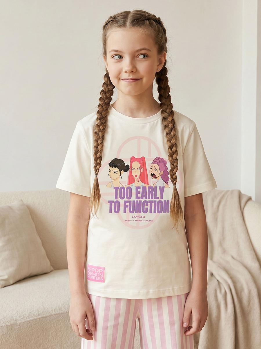 Cotton Crew Neck Short Sleeves Pyjama Set with KPop Demon Hunters Print