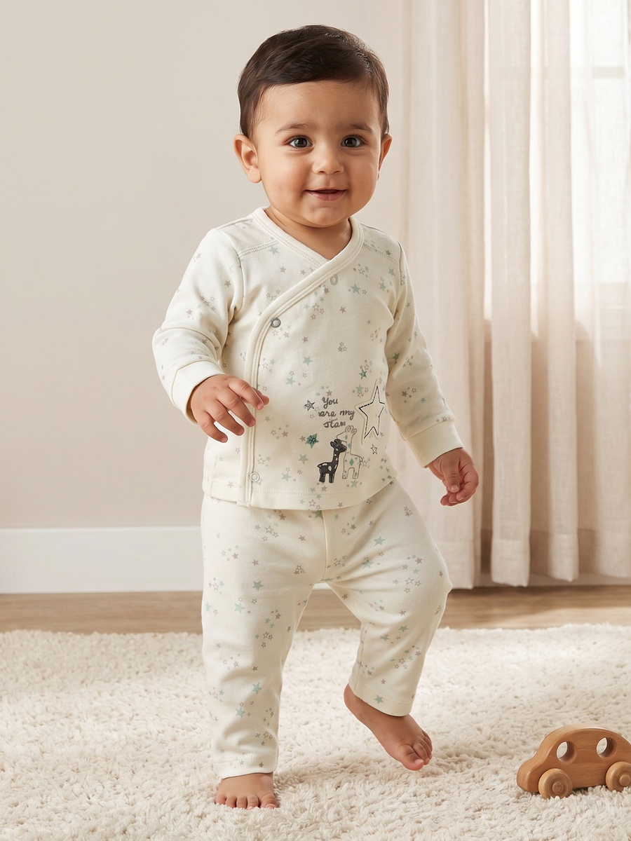 Cotton V Neck Long Sleeves Pyjama Set with Star Print