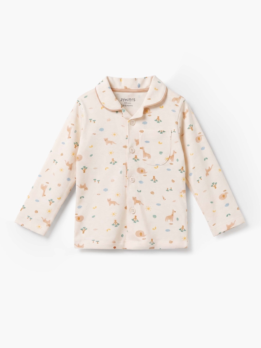 Cotton Collared Long Sleeves Pyjama Set with Safari Print
