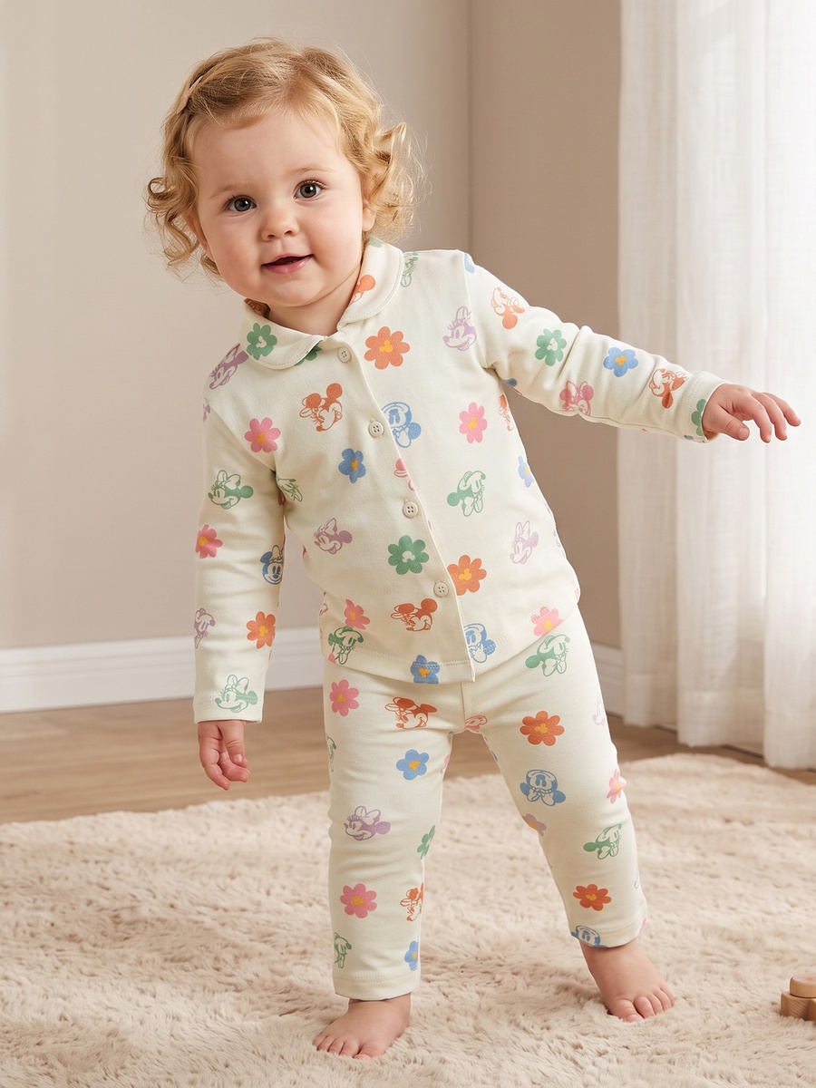 Cotton Collared Long Sleeves Pyjama Set with Minnie Mouse Print