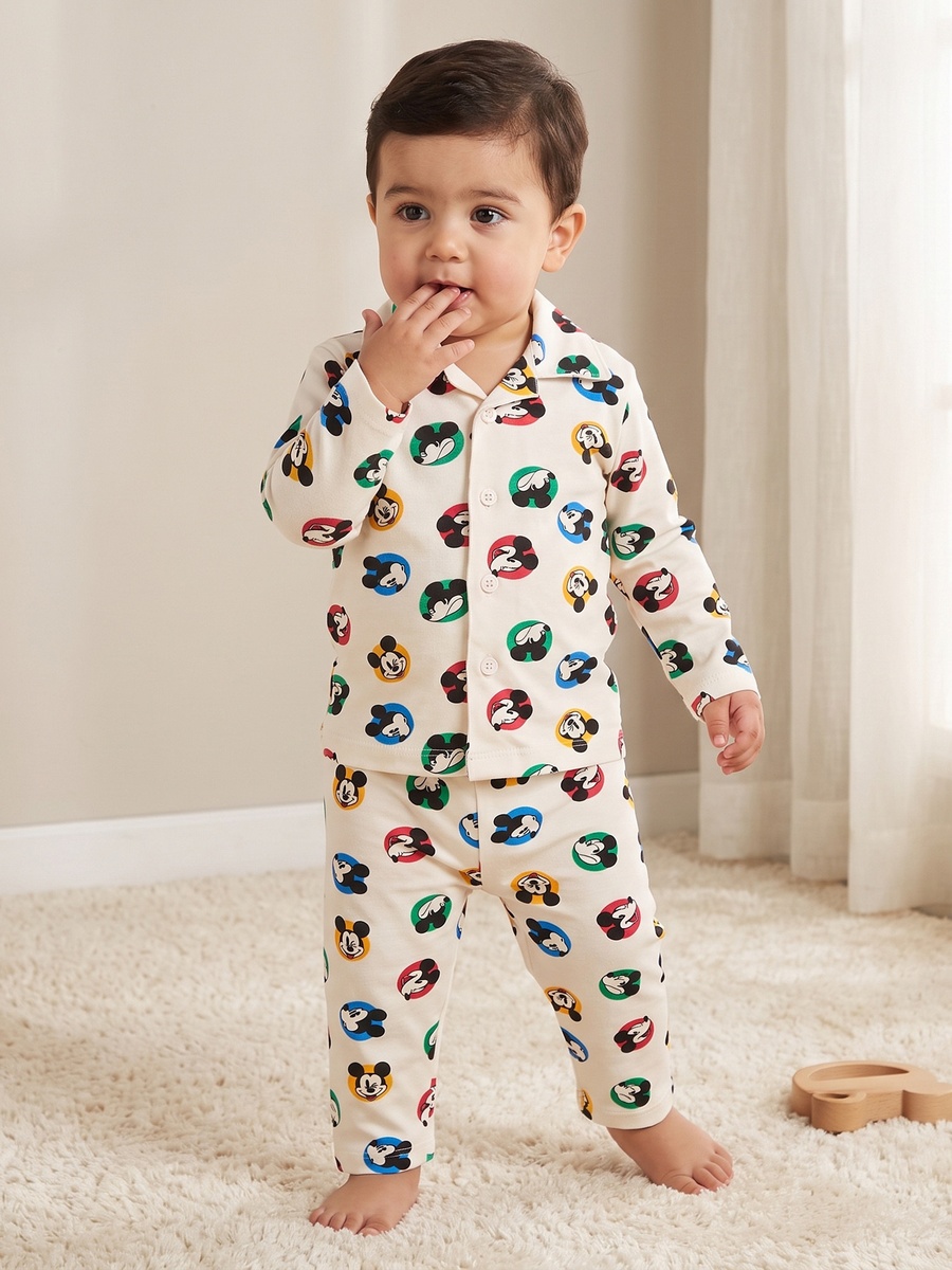 Cotton Collared Long Sleeves Pyjama Set with Mickey Mouse Print
