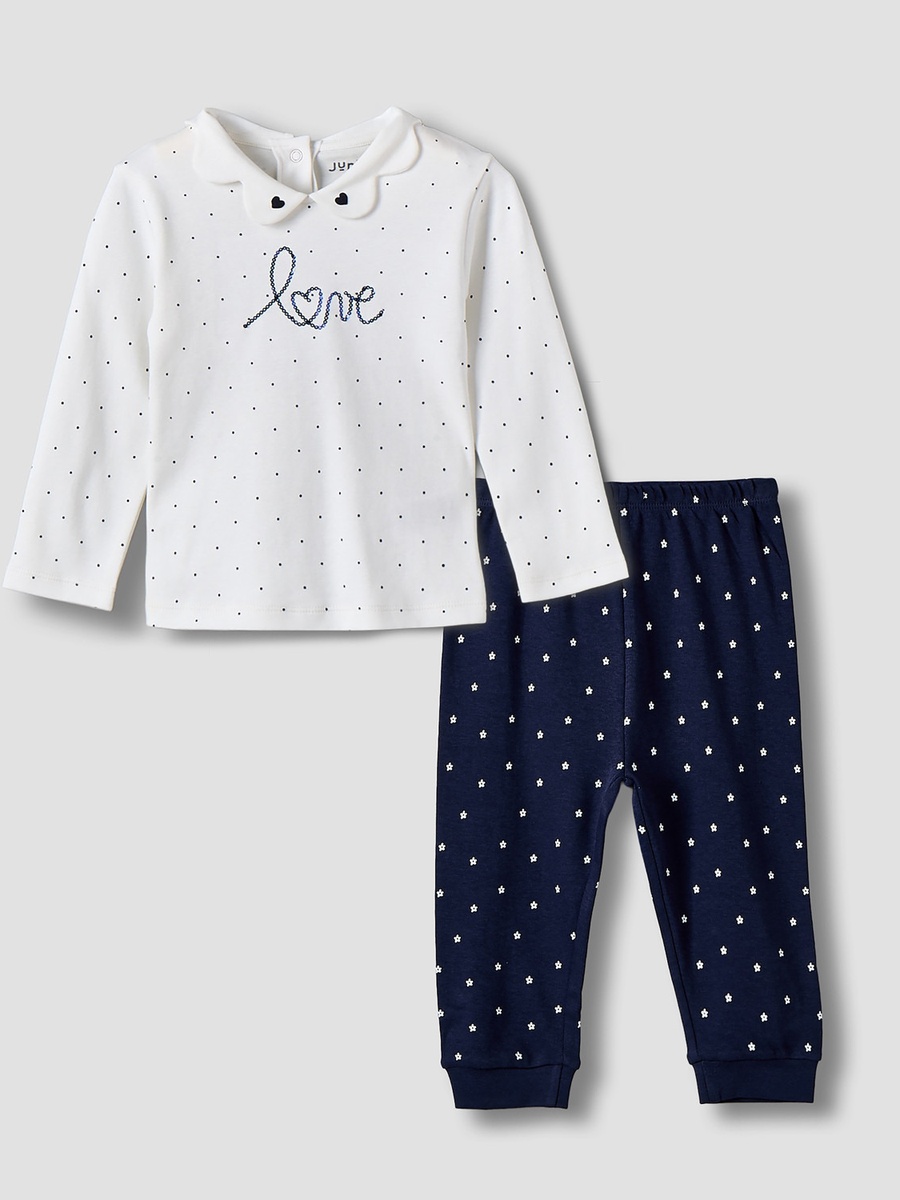 Cotton Collared Long Sleeves Pyjama Set with Embellishments and Print