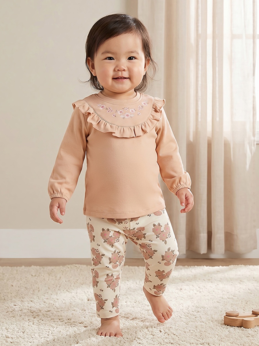 Cotton Crew Neck Long Sleeves Pyjama Set with Floral Print
