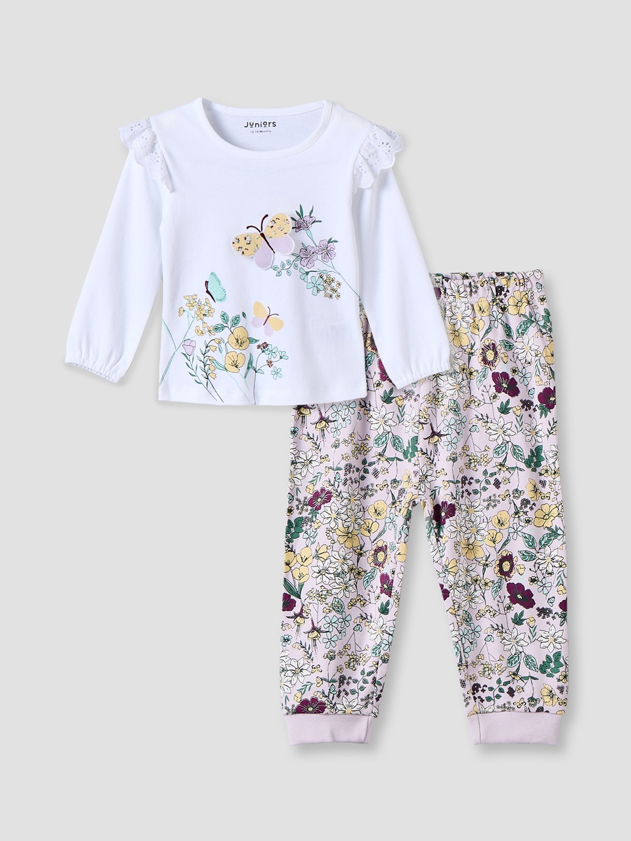 Cotton Crew Neck Long Sleeves Pyjama Set with Floral Print