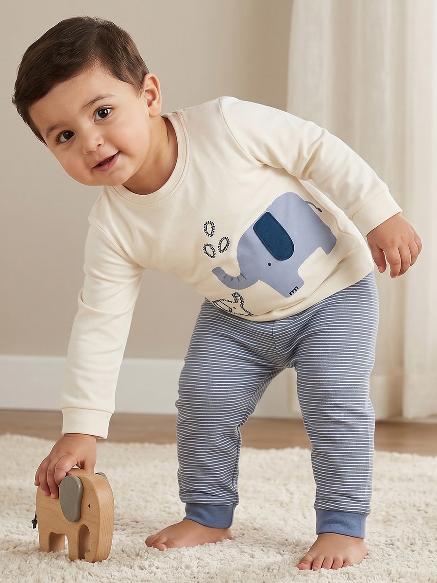 Cotton Crew Neck Long Sleeves Pyjama Set with Elephant Print