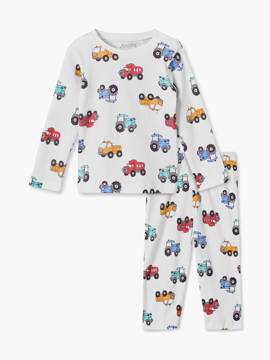 Cotton Crew Neck Long Sleeves Pyjama Set with Transport Print