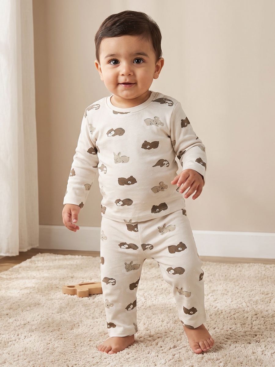 Cotton Crew Neck Long Sleeves Pyjama Set with Bear Print
