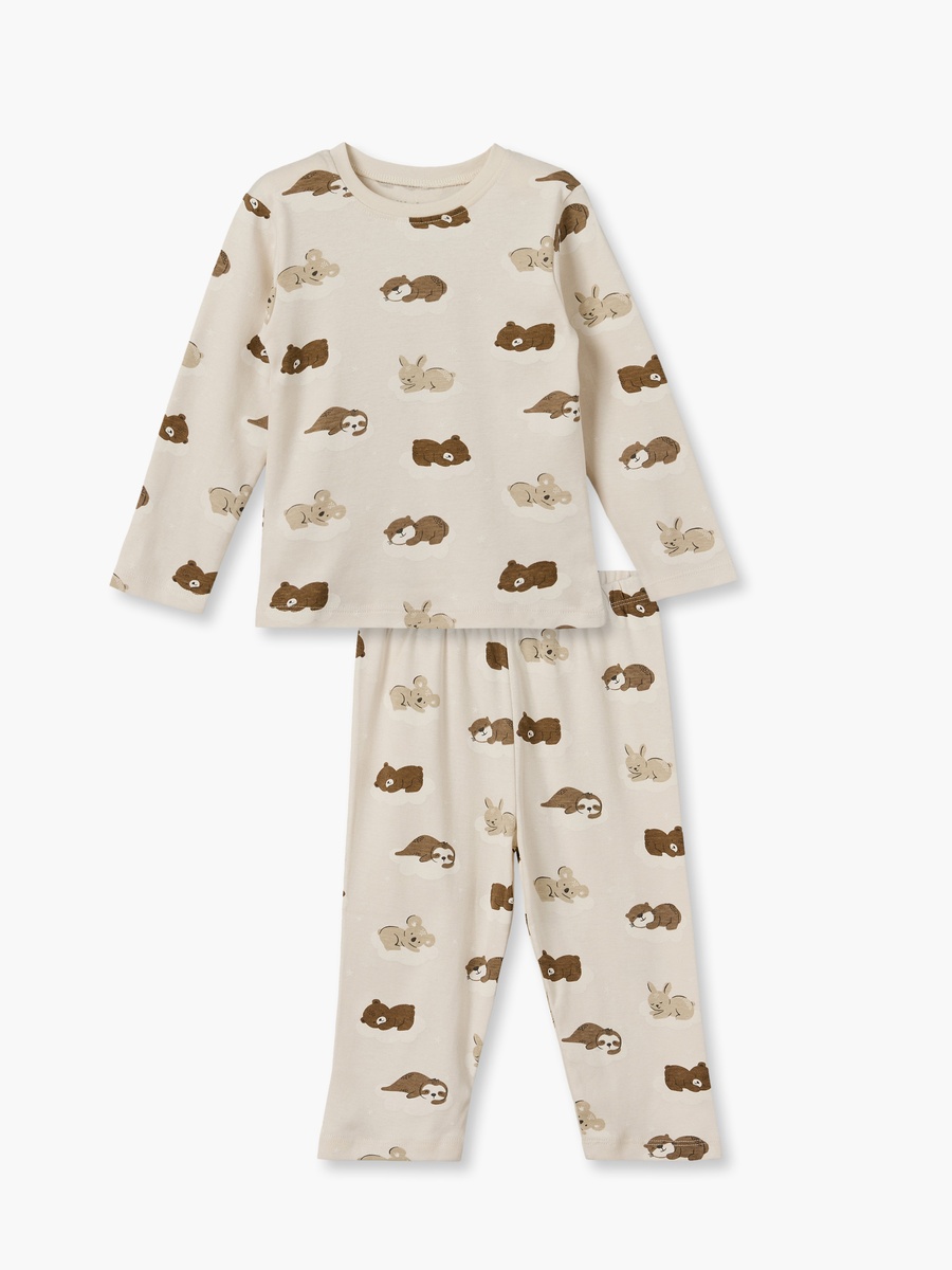 Cotton Crew Neck Long Sleeves Pyjama Set with Bear Print