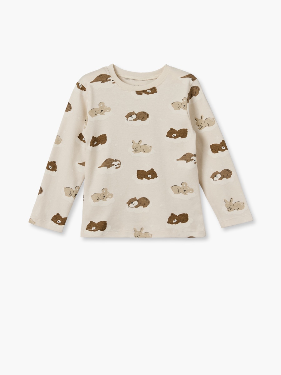 Cotton Crew Neck Long Sleeves Pyjama Set with Bear Print
