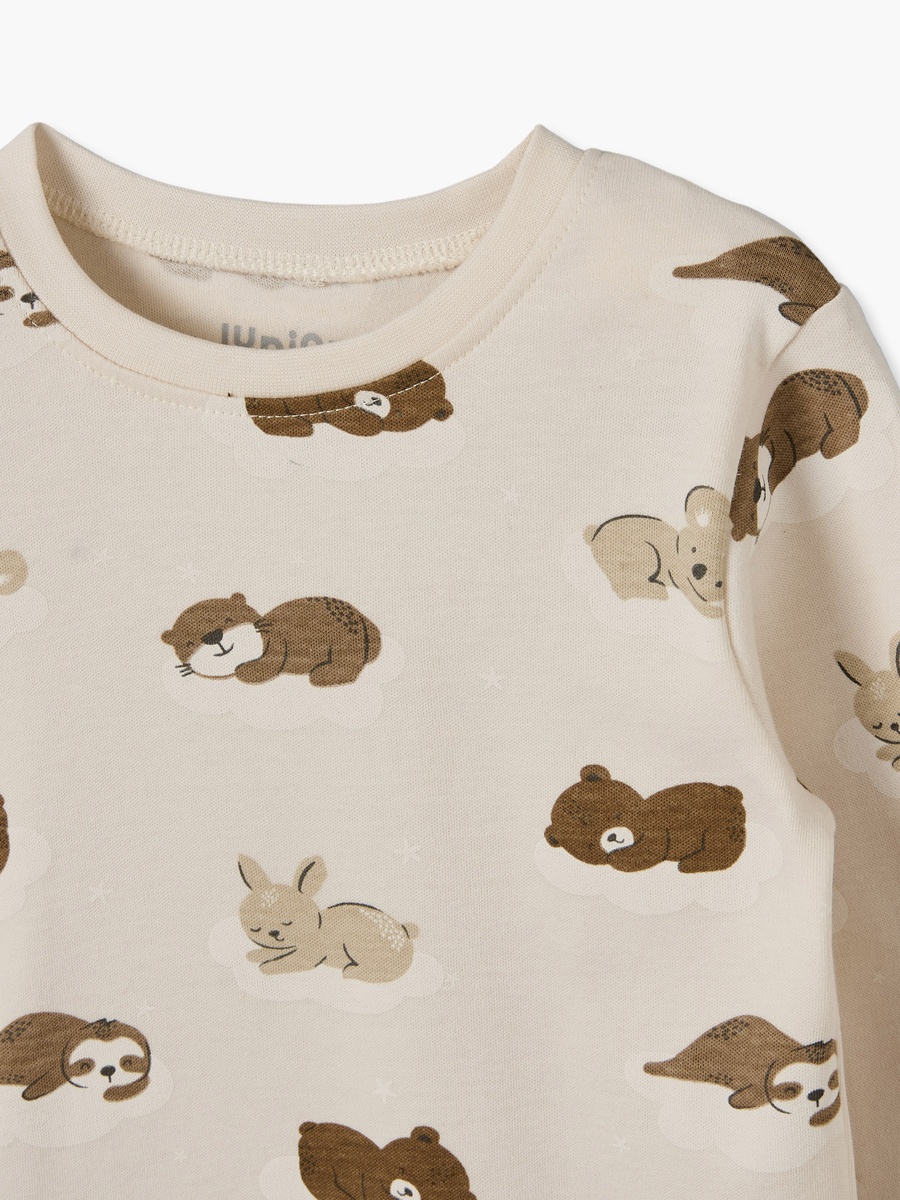 Cotton Crew Neck Long Sleeves Pyjama Set with Bear Print