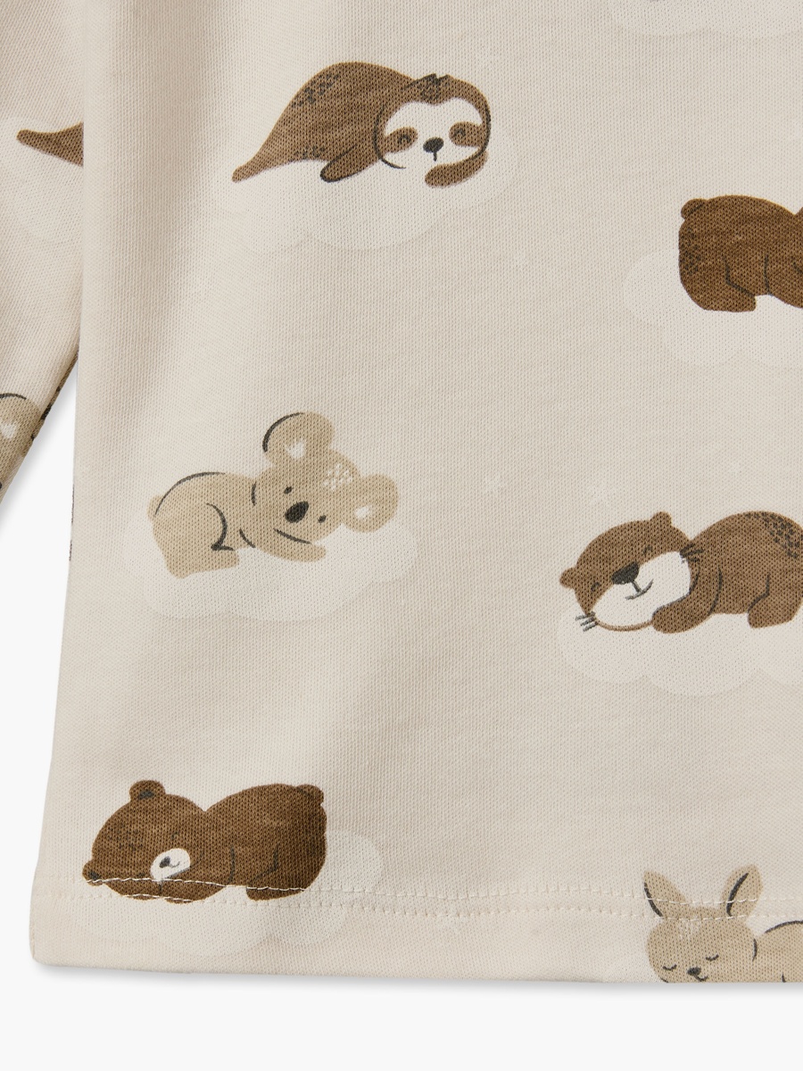 Cotton Crew Neck Long Sleeves Pyjama Set with Bear Print