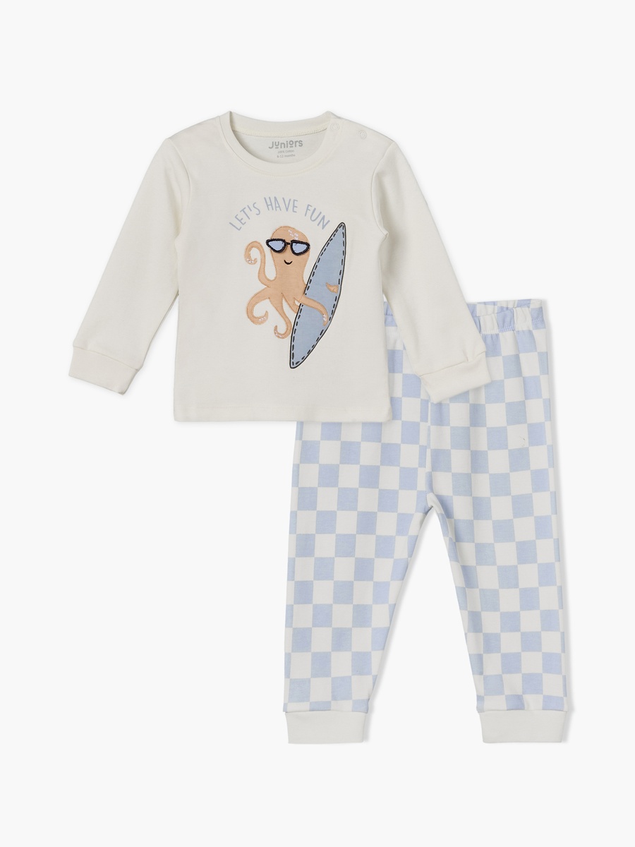 Cotton Round Neck Long Sleeves Pyjama Set with Octopus Applique Detail