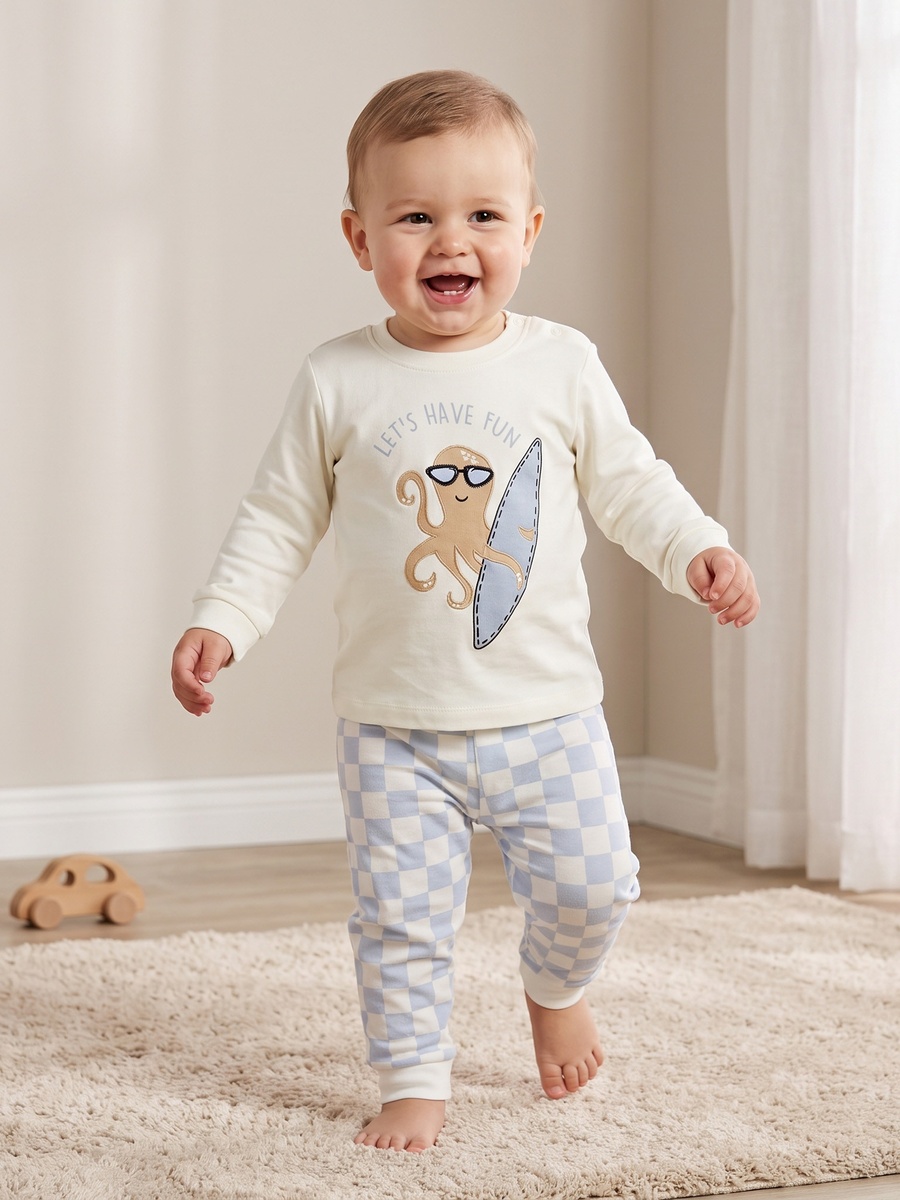 Cotton Round Neck Long Sleeves Pyjama Set with Octopus Applique Detail