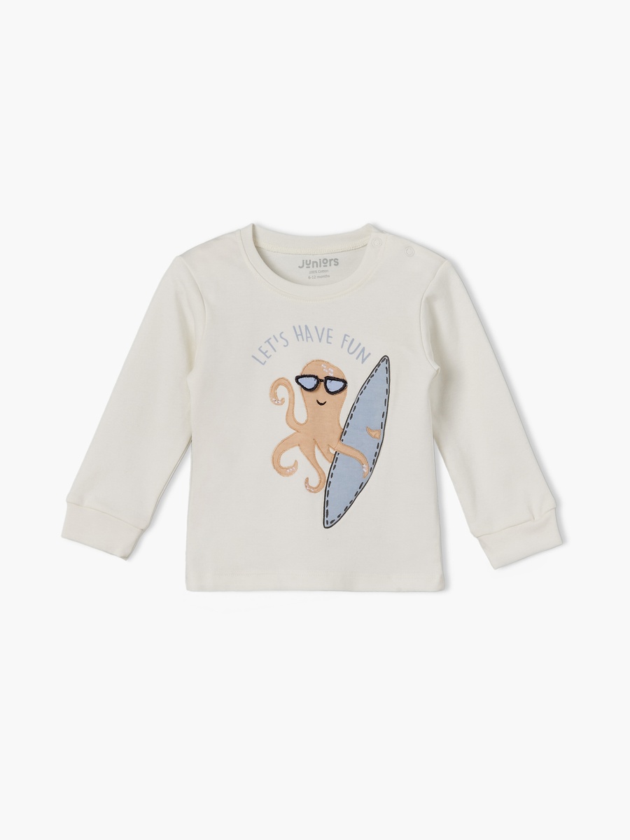 Cotton Round Neck Long Sleeves Pyjama Set with Octopus Applique Detail