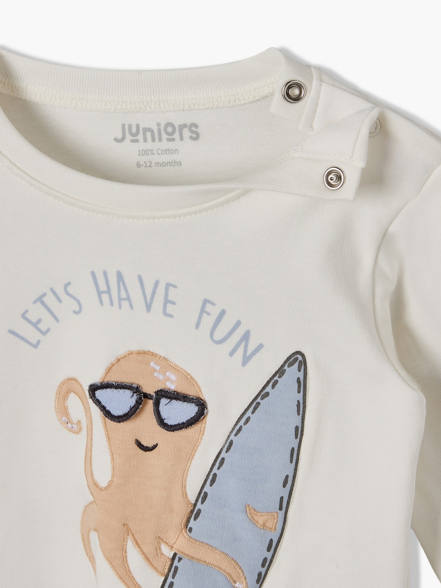 Cotton Round Neck Long Sleeves Pyjama Set with Octopus Applique Detail