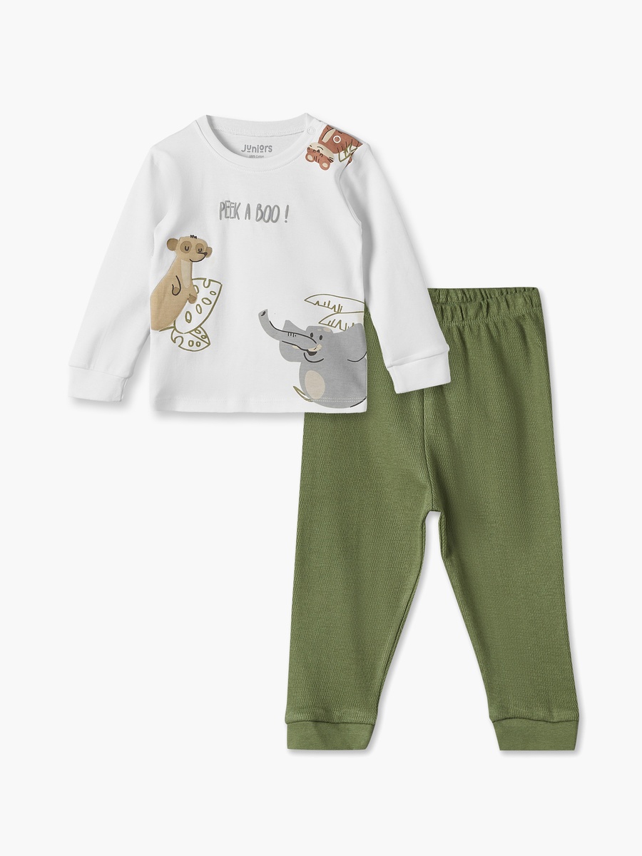 Cotton Round Neck Long Sleeves Pyjama Set with Safari Print