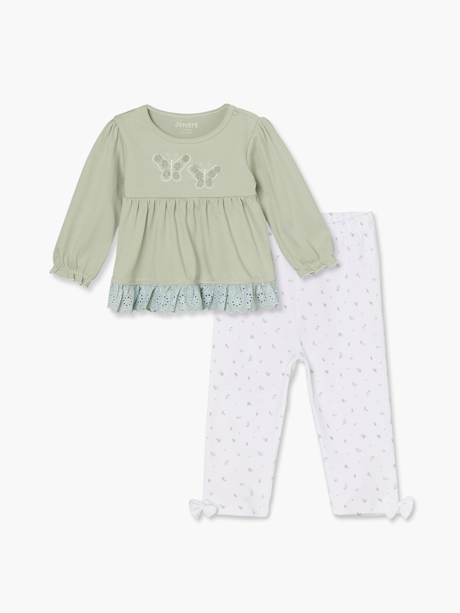 Cotton Crew Neck Long Sleeves Pyjama Set with Butterfly Embroidery