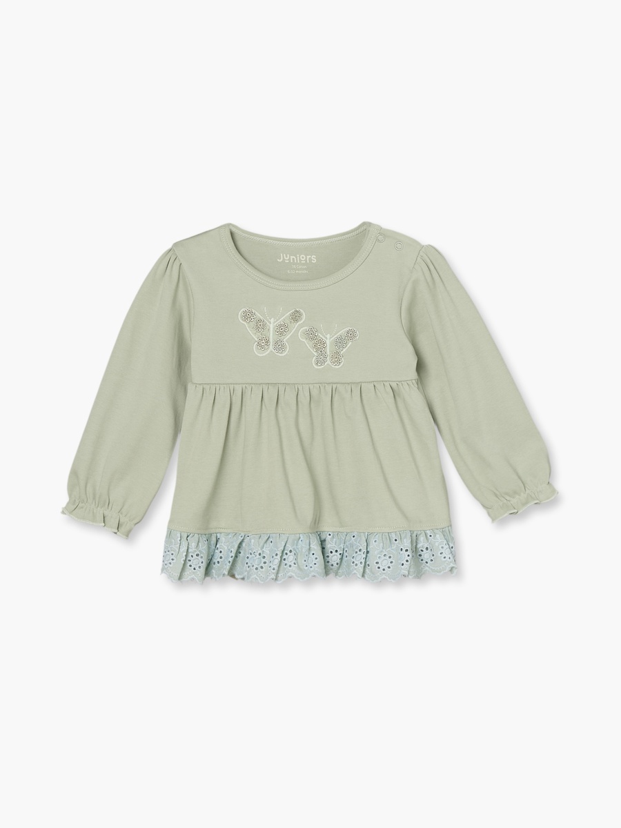 Cotton Crew Neck Long Sleeves Pyjama Set with Butterfly Embroidery