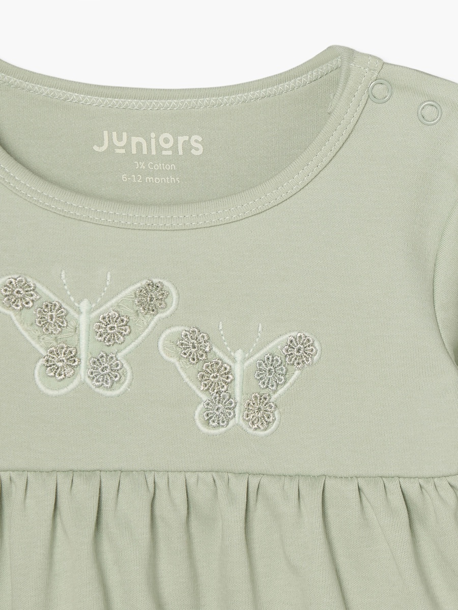 Cotton Crew Neck Long Sleeves Pyjama Set with Butterfly Embroidery