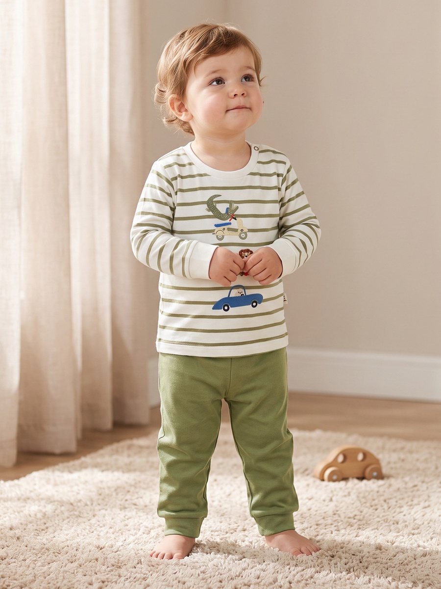 Cotton Crew Neck Long Sleeves Pyjama Set with Embroidery