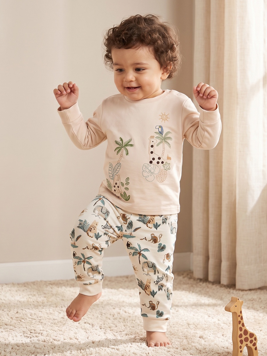 Cotton Crew Neck Long Sleeves Pyjama Set with Safari Print