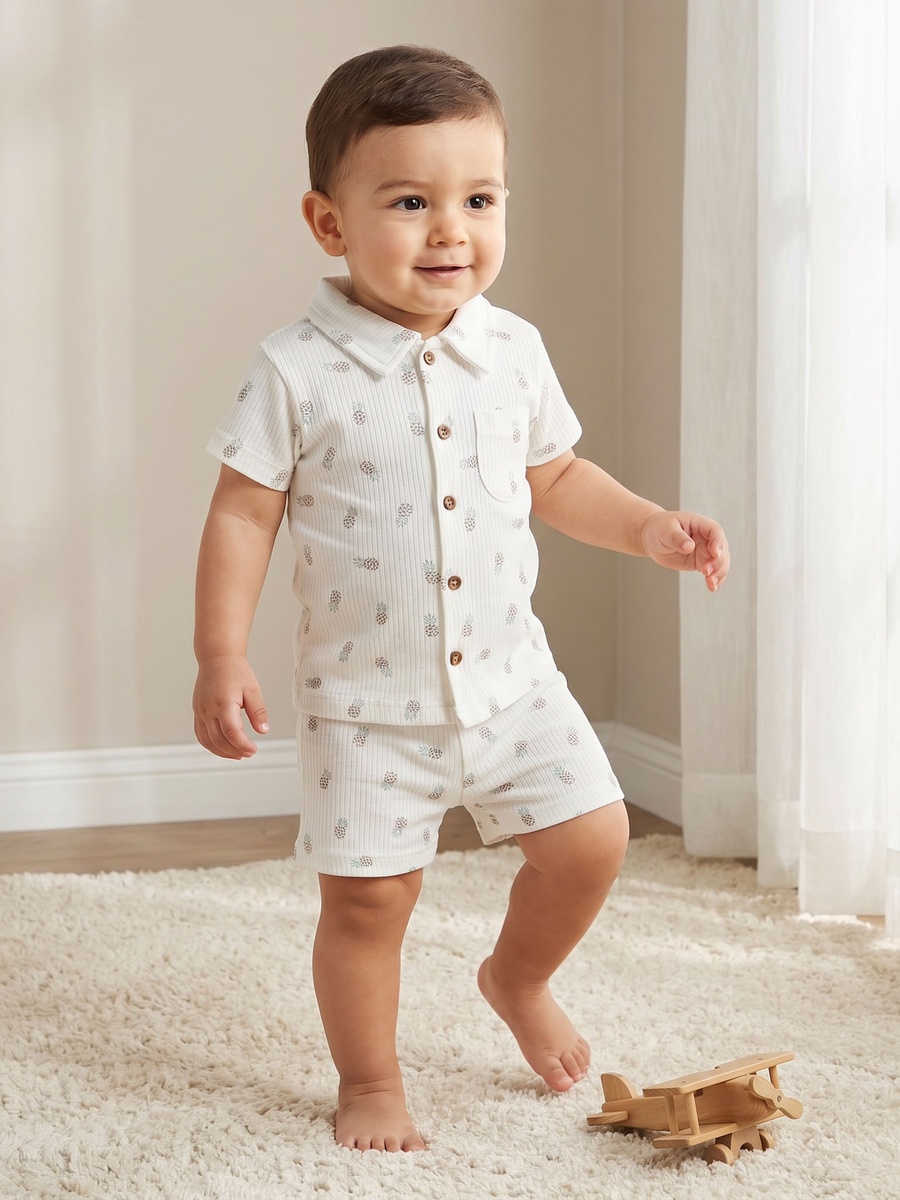Cotton Collared Short Sleeves Shorts Set with Pineapple Print