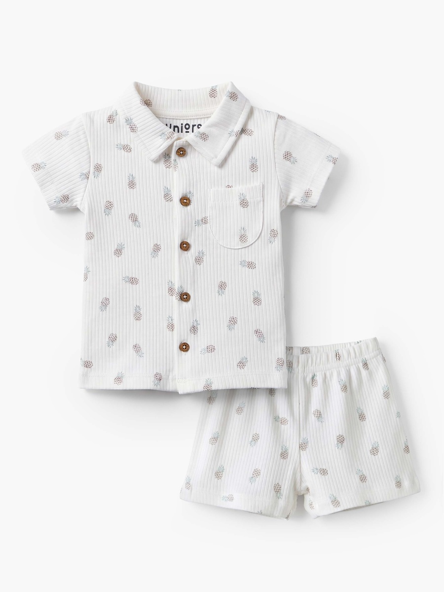 Cotton Collared Short Sleeves Shorts Set with Pineapple Print