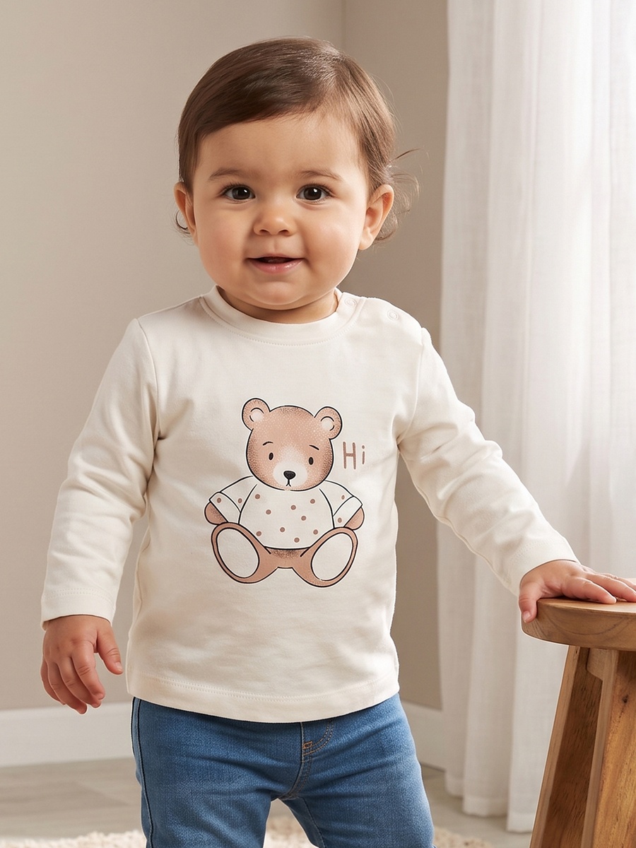 Cotton Crew Neck Long Sleeves Pyjama Set with Teddy Bear Print