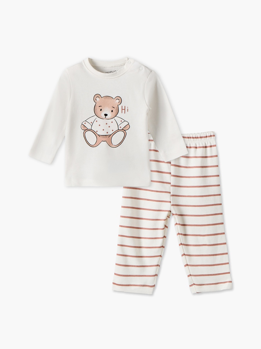Cotton Crew Neck Long Sleeves Pyjama Set with Teddy Bear Print