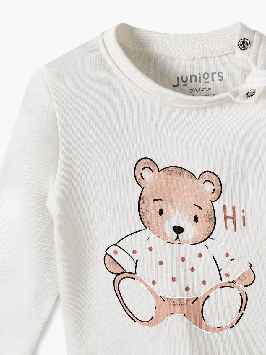 Cotton Crew Neck Long Sleeves Pyjama Set with Teddy Bear Print