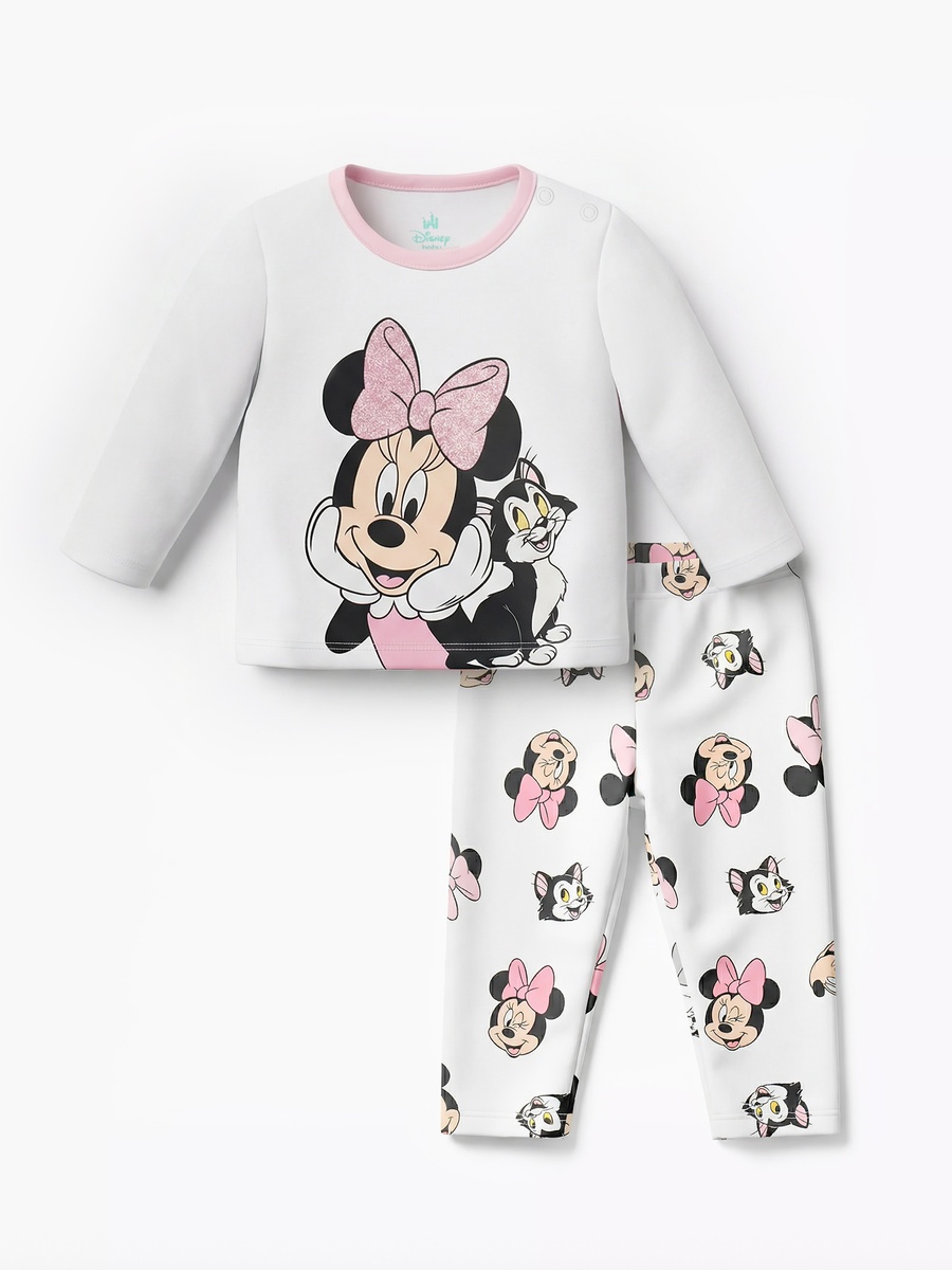Cotton Round Neck Long Sleeves Pyjama Set with Minnie Mouse Print