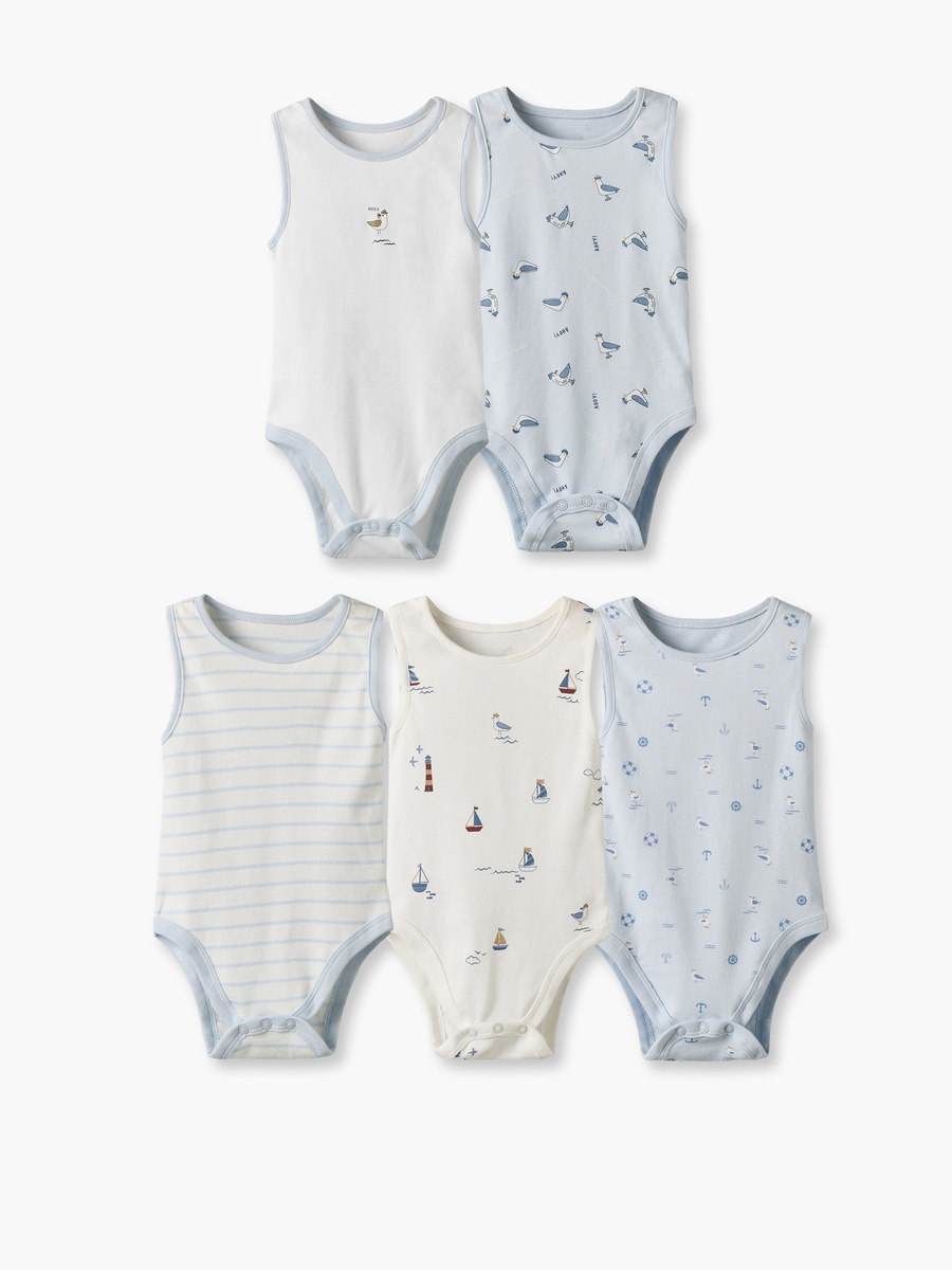 Pack of 5 Crew Neck Sleeveless Bodysuit with Assorted Print