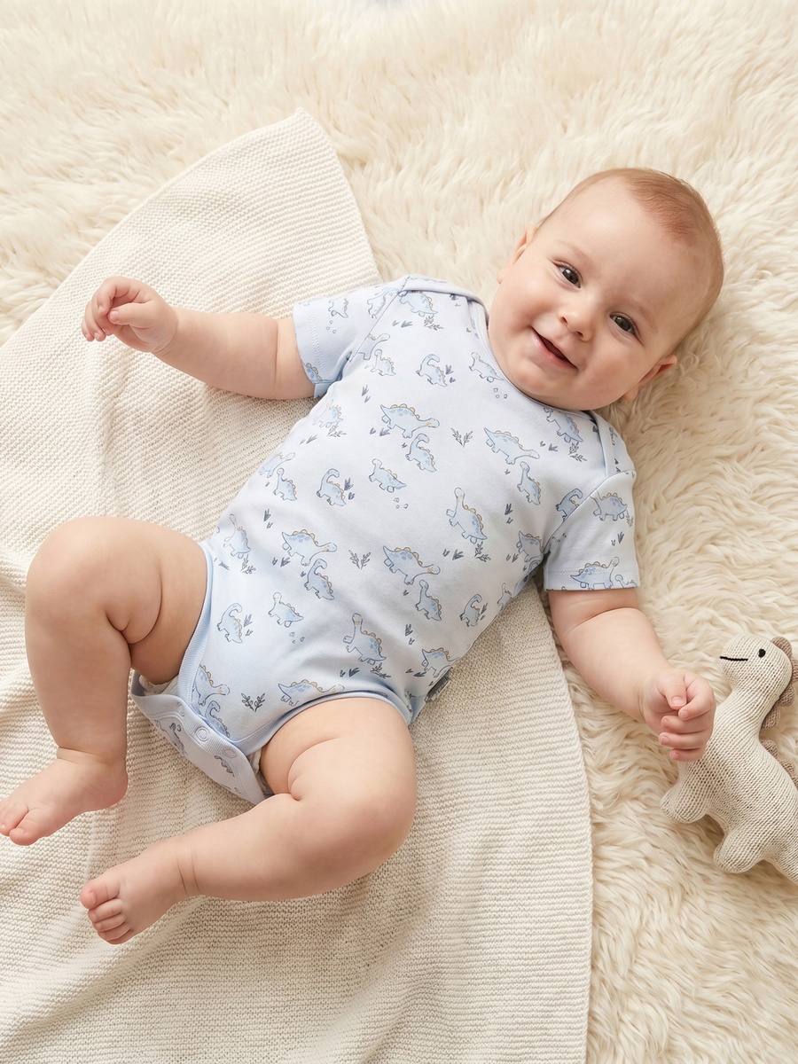 Pack of 3 Round Neck Short Sleeves Bodysuit with Dinosaur Print