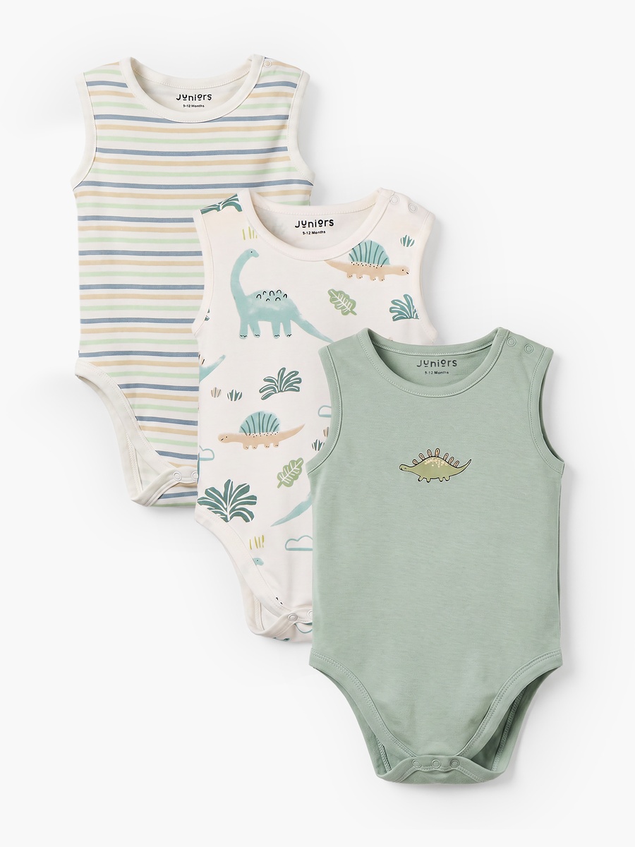 Pack of 3 Round Neck Sleeveless Bodysuit with Dinosaur Print