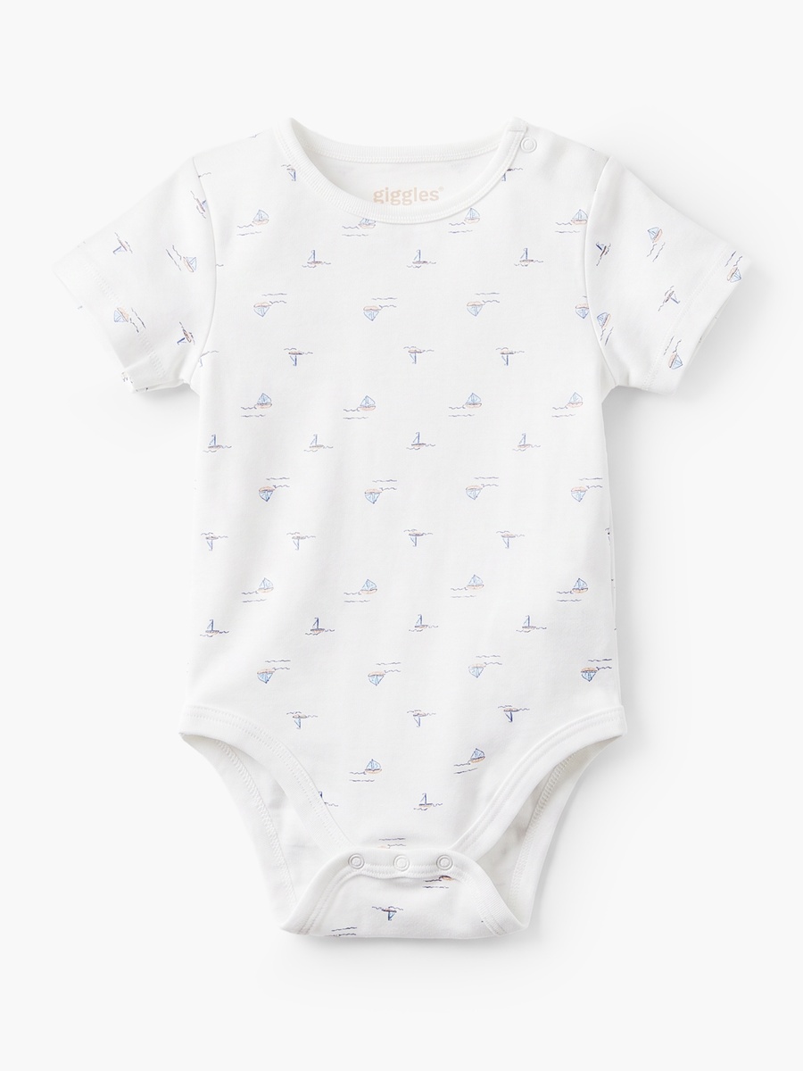 Round Neck Short Sleeves Cotton Bodysuit with Nautical Print