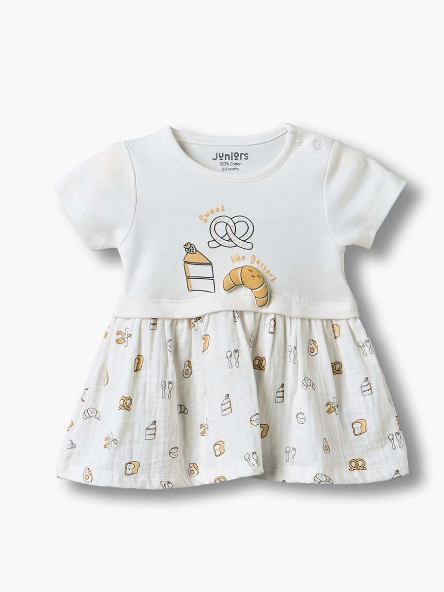 Round Neck Short Sleeves Knee Length Dress with Breakfast Print