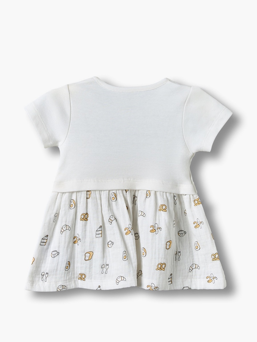 Round Neck Short Sleeves Knee Length Dress with Breakfast Print