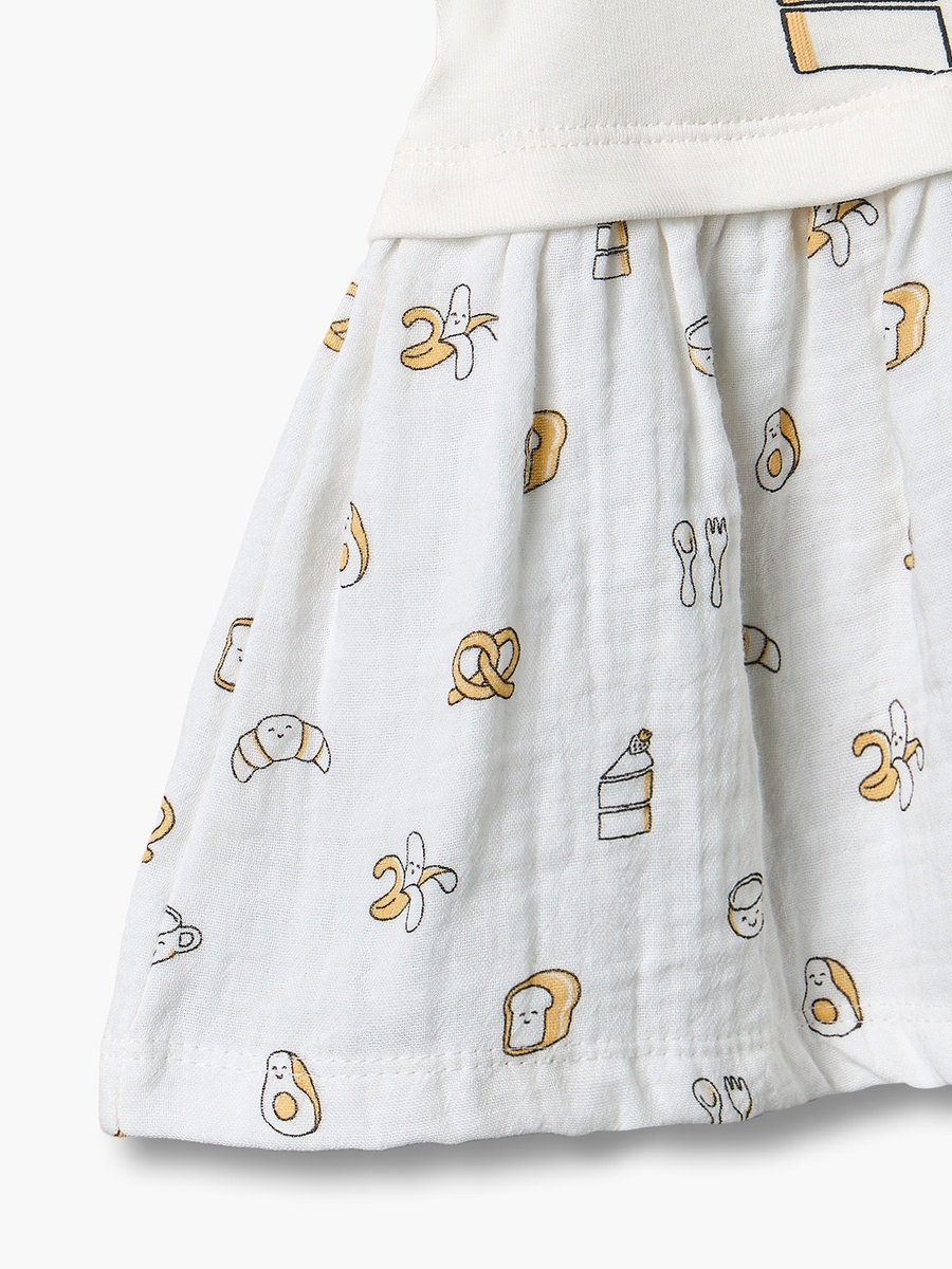 Round Neck Short Sleeves Knee Length Dress with Breakfast Print