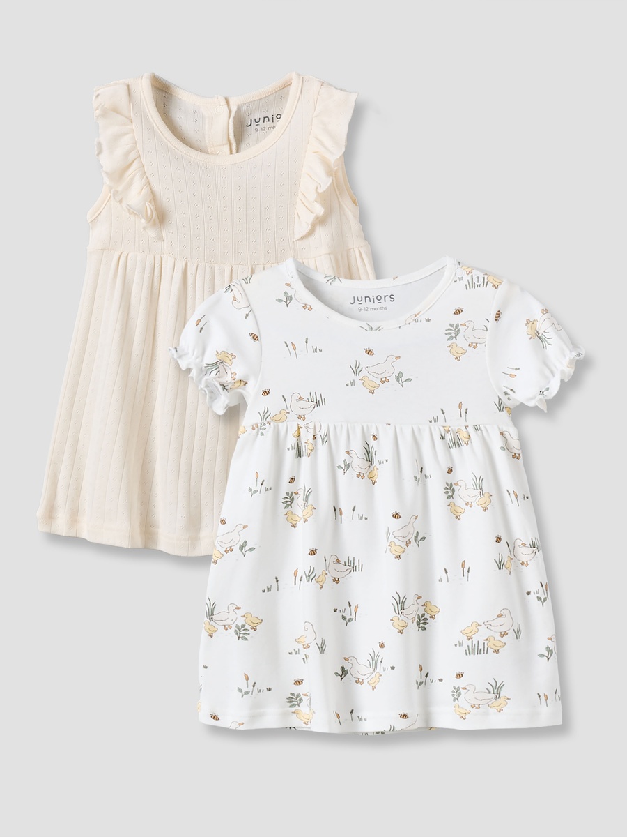 Pack of 2 Round Neck Knee Length Dress with Snap Button Closure